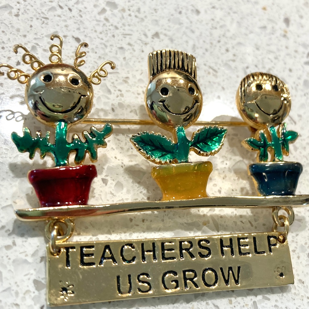 Danecraft Teachers Help Us Grow Flower Pot Kids Gold Tone Enamel Vintage 25$
